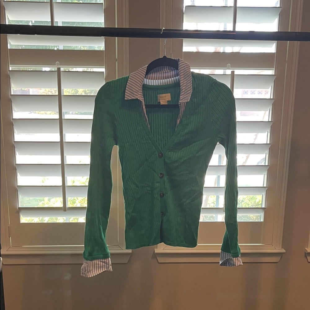 Maeve Green Cardigan with Striped Accents
